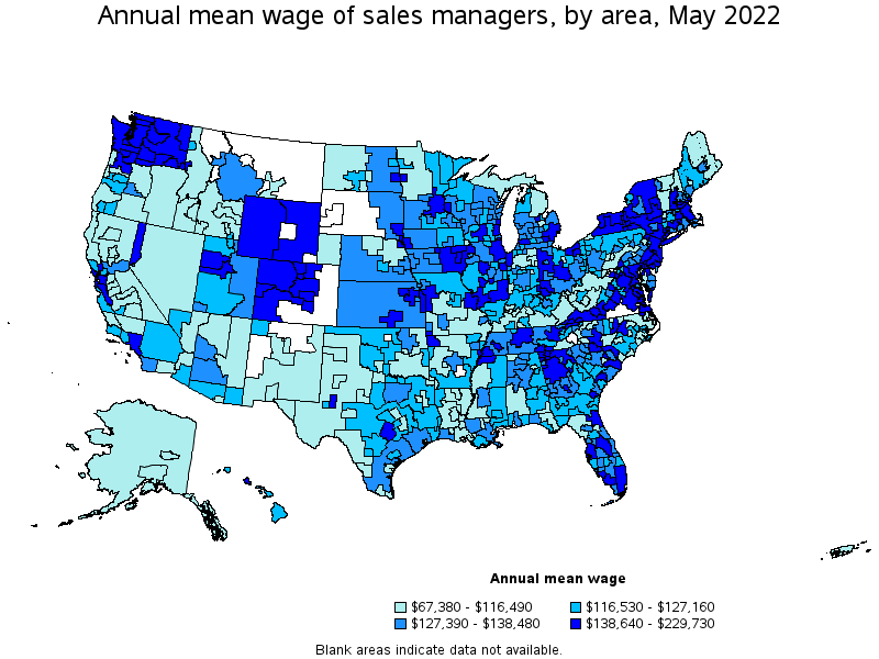 Map of annual mean wages of sales managers by area, May 2022