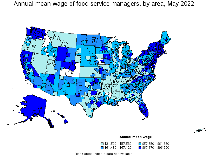Map of annual mean wages of food service managers by area, May 2022
