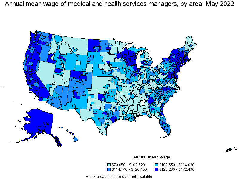 Map of annual mean wages of medical and health services managers by area, May 2022