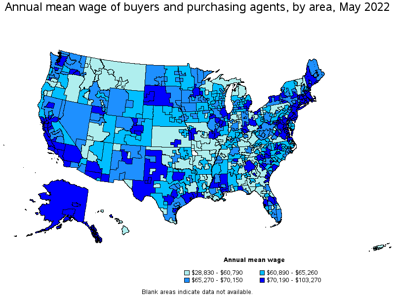 Map of annual mean wages of buyers and purchasing agents by area, May 2022