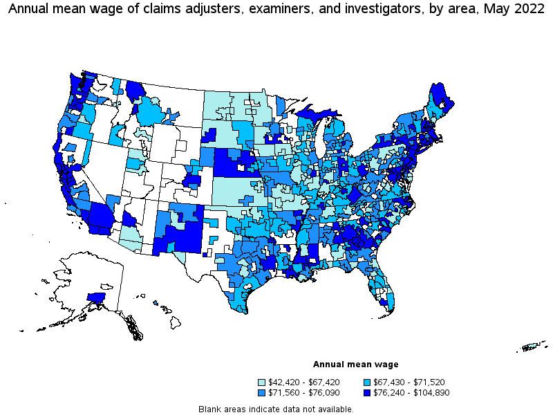 Map of annual mean wages of claims adjusters, examiners, and investigators by area, May 2022