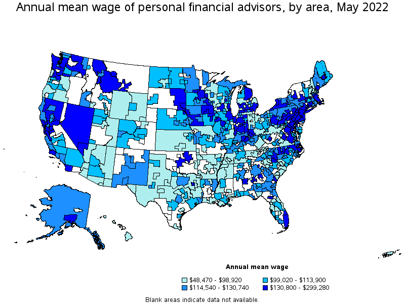 Map of annual mean wages of personal financial advisors by area, May 2022