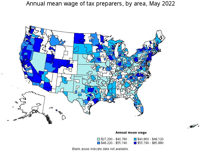 Map of annual mean wages of tax preparers by area, May 2022