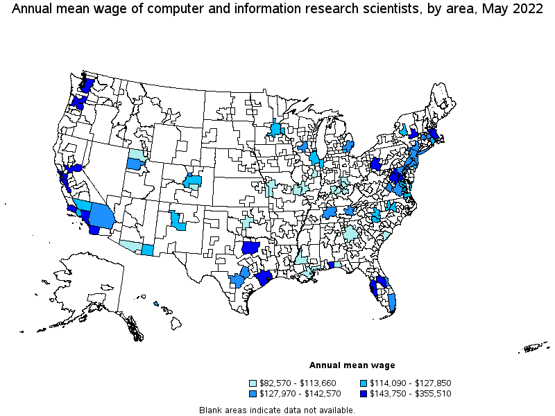 Map of annual mean wages of computer and information research scientists by area, May 2022