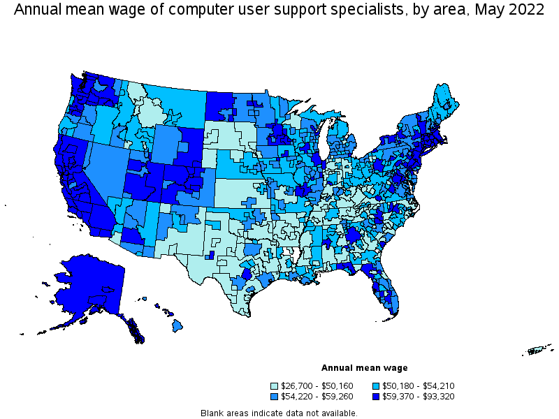 Map of annual mean wages of computer user support specialists by area, May 2022