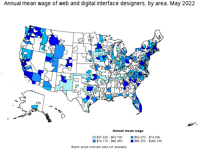 Map of annual mean wages of web and digital interface designers by area, May 2022