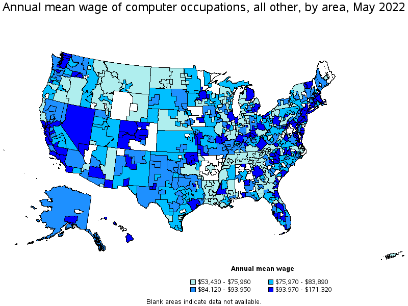 Map of annual mean wages of computer occupations, all other by area, May 2022