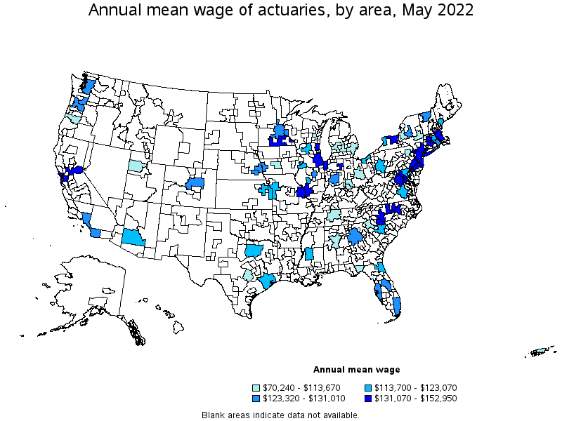 Map of annual mean wages of actuaries by area, May 2022