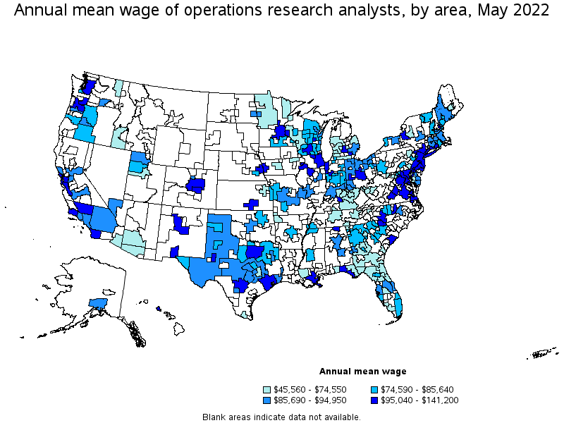 Map of annual mean wages of operations research analysts by area, May 2022