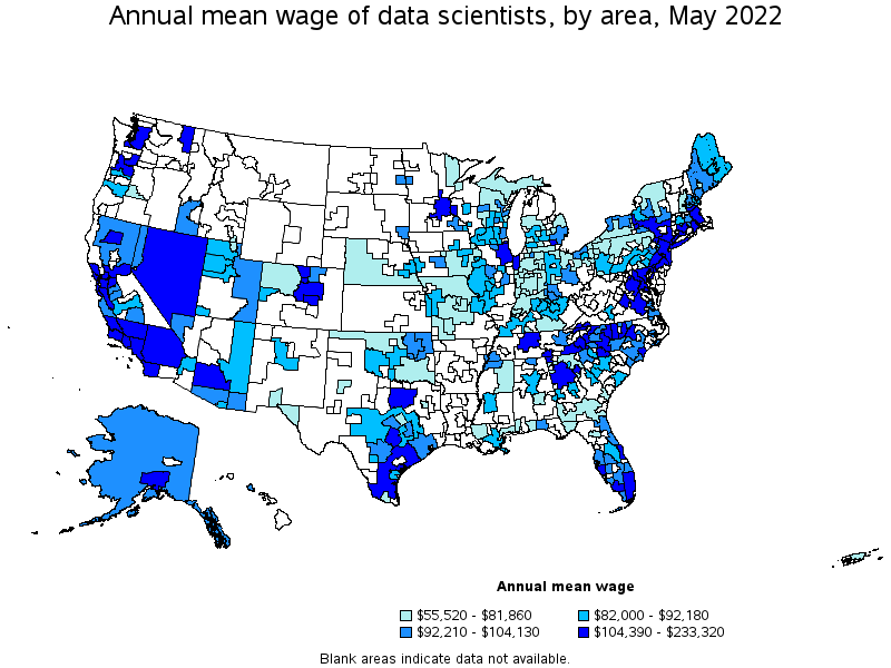 Map of annual mean wages of data scientists by area, May 2022