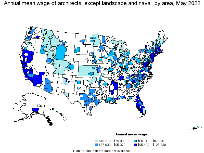 Map of annual mean wages of architects, except landscape and naval by area, May 2022