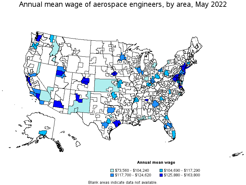 Map of annual mean wages of aerospace engineers by area, May 2022