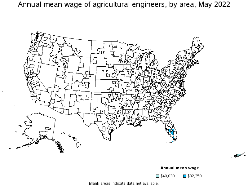 Map of annual mean wages of agricultural engineers by area, May 2022