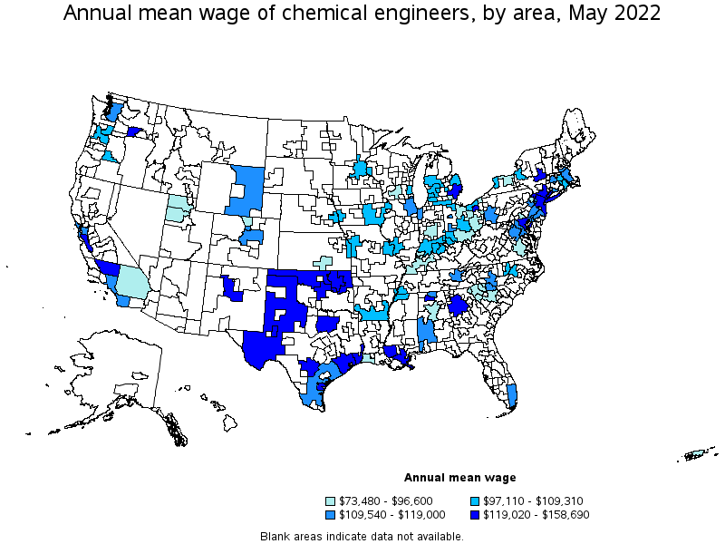 Map of annual mean wages of chemical engineers by area, May 2022