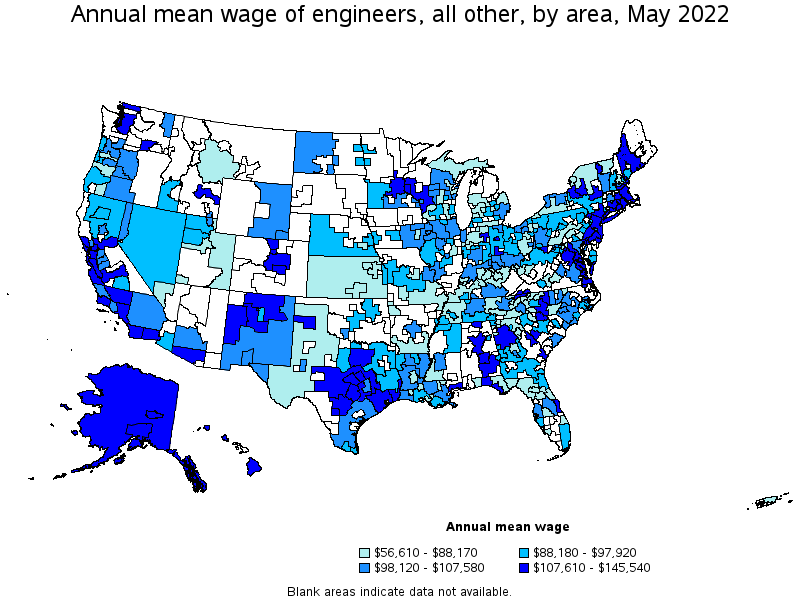 Map of annual mean wages of engineers, all other by area, May 2022