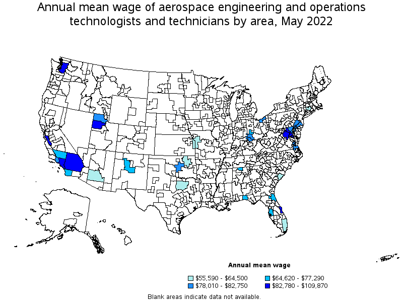 Map of annual mean wages of aerospace engineering and operations technologists and technicians by area, May 2022