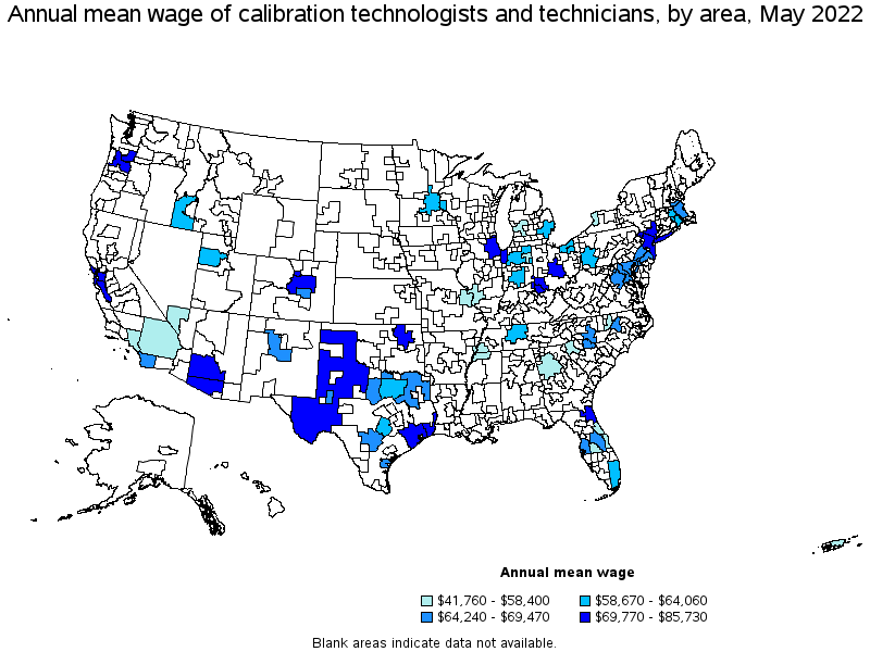 Map of annual mean wages of calibration technologists and technicians by area, May 2022