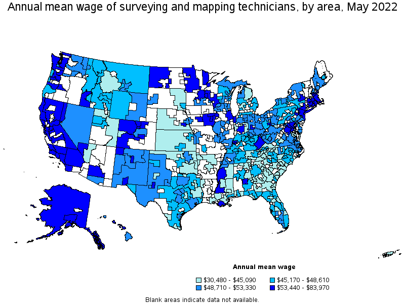 Map of annual mean wages of surveying and mapping technicians by area, May 2022