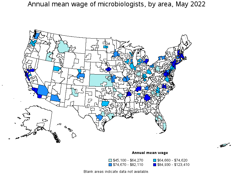 Map of annual mean wages of microbiologists by area, May 2022