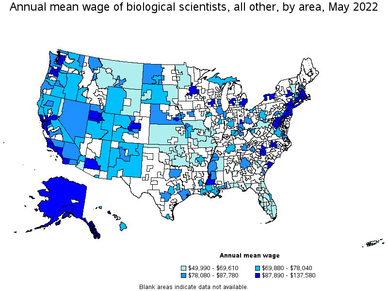 Map of annual mean wages of biological scientists, all other by area, May 2022