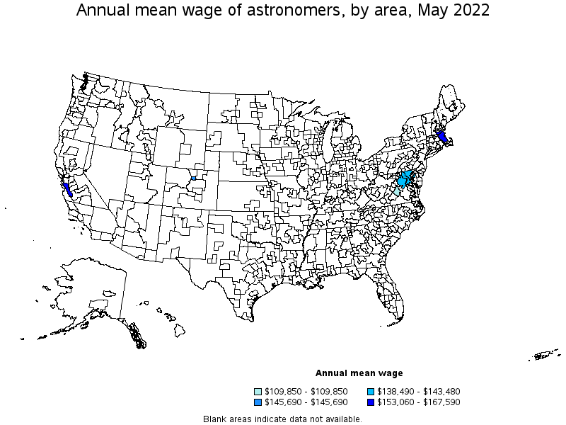 Map of annual mean wages of astronomers by area, May 2022