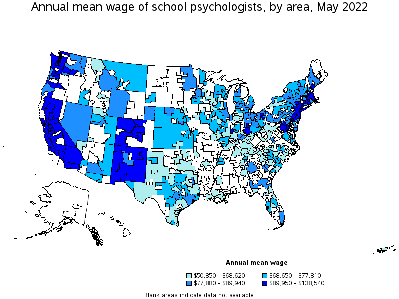 Map of annual mean wages of school psychologists by area, May 2022