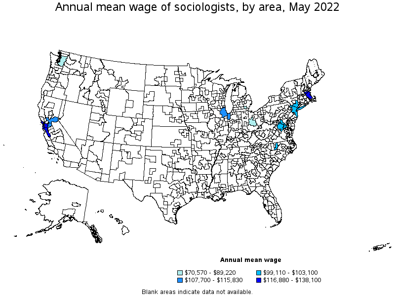 Map of annual mean wages of sociologists by area, May 2022