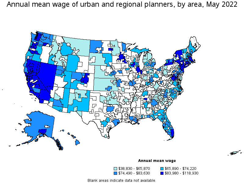 Map of annual mean wages of urban and regional planners by area, May 2022