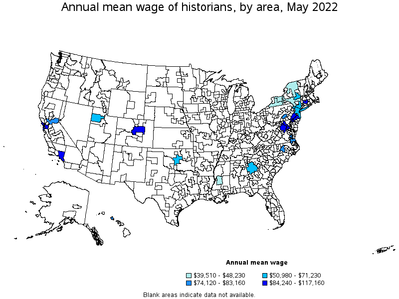 Map of annual mean wages of historians by area, May 2022