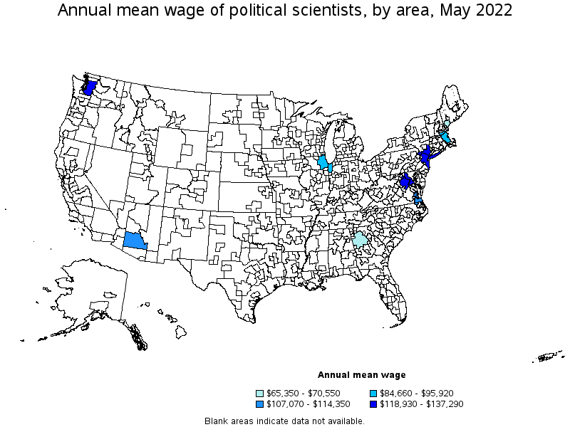 Map of annual mean wages of political scientists by area, May 2022