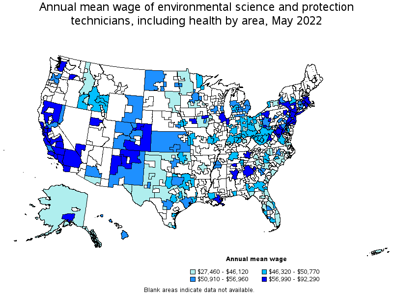 Map of annual mean wages of environmental science and protection technicians, including health by area, May 2022