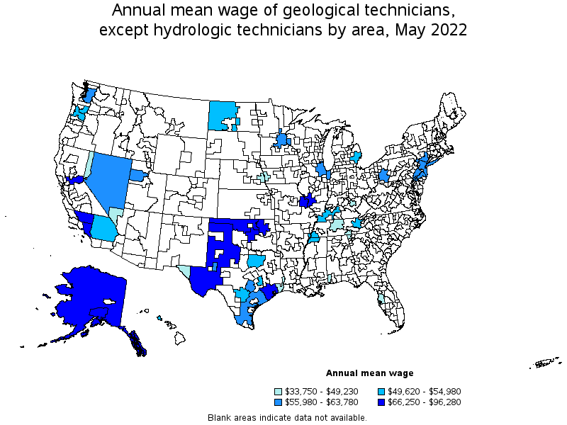 Map of annual mean wages of geological technicians, except hydrologic technicians by area, May 2022