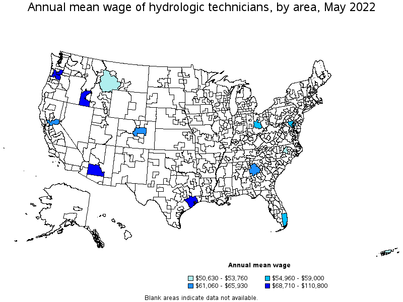 Map of annual mean wages of hydrologic technicians by area, May 2022