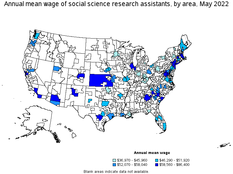 Map of annual mean wages of social science research assistants by area, May 2022