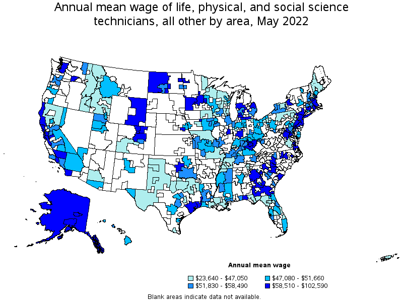 Map of annual mean wages of life, physical, and social science technicians, all other by area, May 2022
