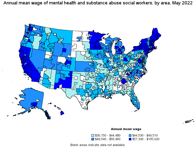 Map of annual mean wages of mental health and substance abuse social workers by area, May 2022