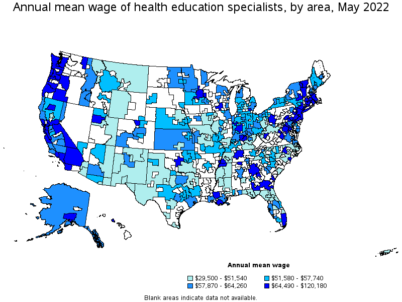Map of annual mean wages of health education specialists by area, May 2022