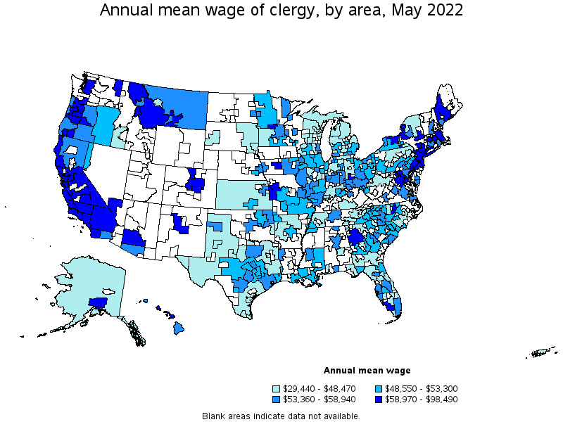 Map of annual mean wages of clergy by area, May 2022