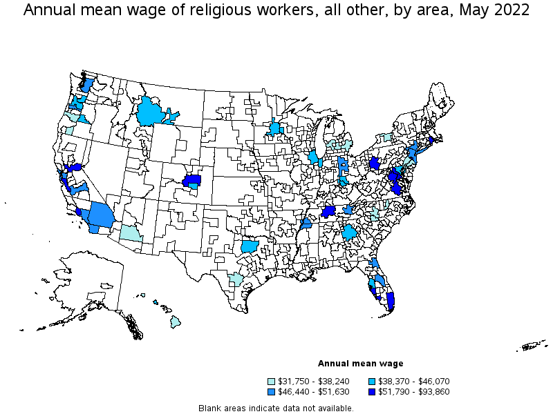 Map of annual mean wages of religious workers, all other by area, May 2022