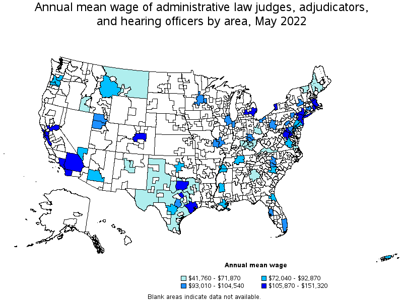 Map of annual mean wages of administrative law judges, adjudicators, and hearing officers by area, May 2022