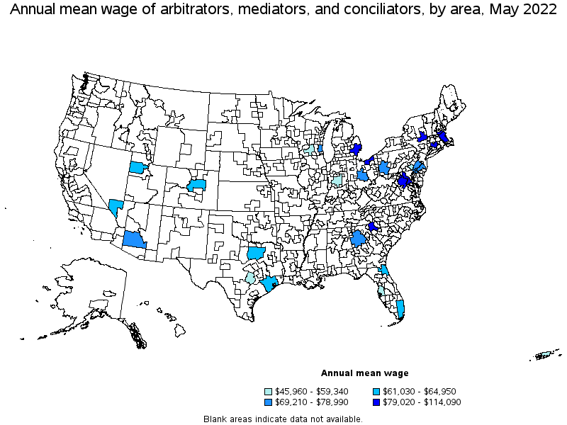 Map of annual mean wages of arbitrators, mediators, and conciliators by area, May 2022