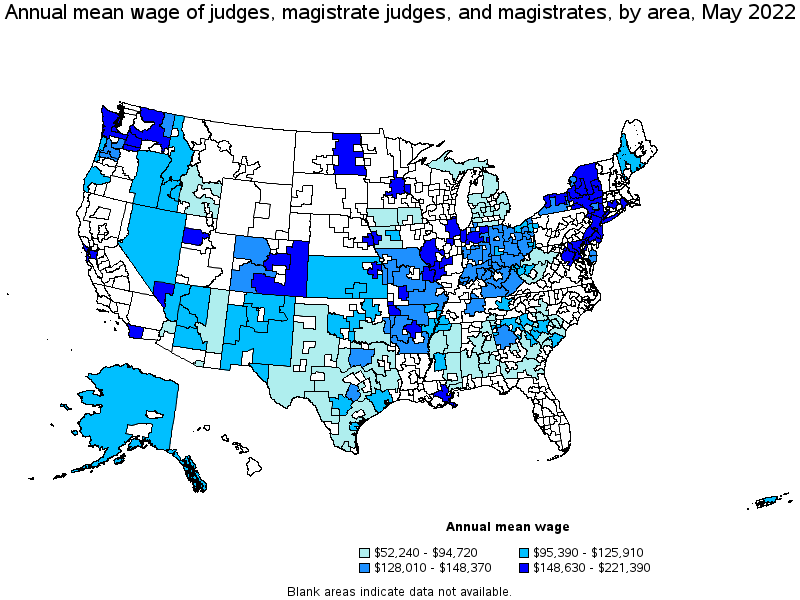 Map of annual mean wages of judges, magistrate judges, and magistrates by area, May 2022