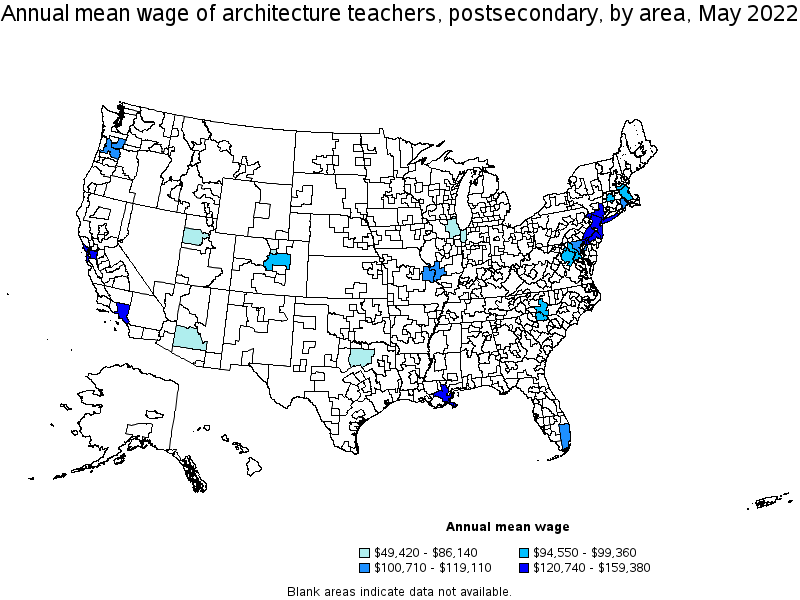 Map of annual mean wages of architecture teachers, postsecondary by area, May 2022