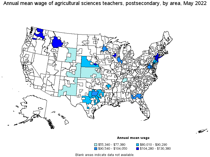 Map of annual mean wages of agricultural sciences teachers, postsecondary by area, May 2022