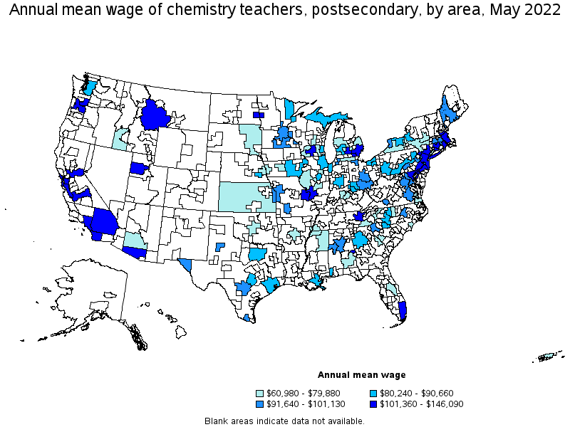 Map of annual mean wages of chemistry teachers, postsecondary by area, May 2022