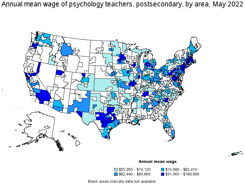 Map of annual mean wages of psychology teachers, postsecondary by area, May 2022