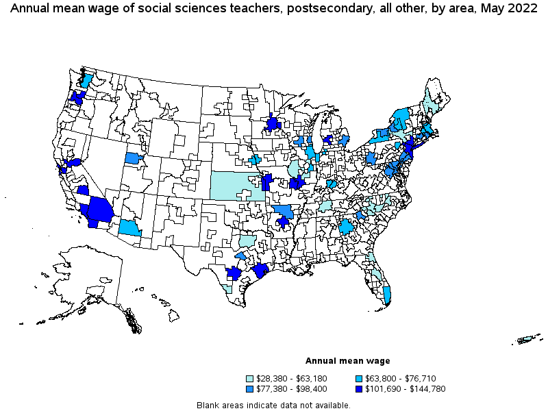 Map of annual mean wages of social sciences teachers, postsecondary, all other by area, May 2022