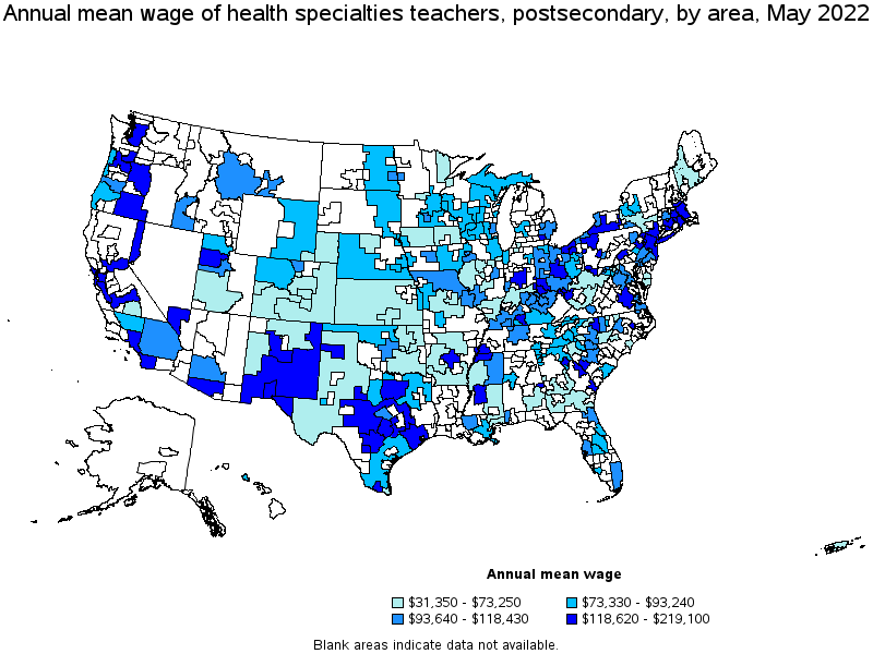 Map of annual mean wages of health specialties teachers, postsecondary by area, May 2022