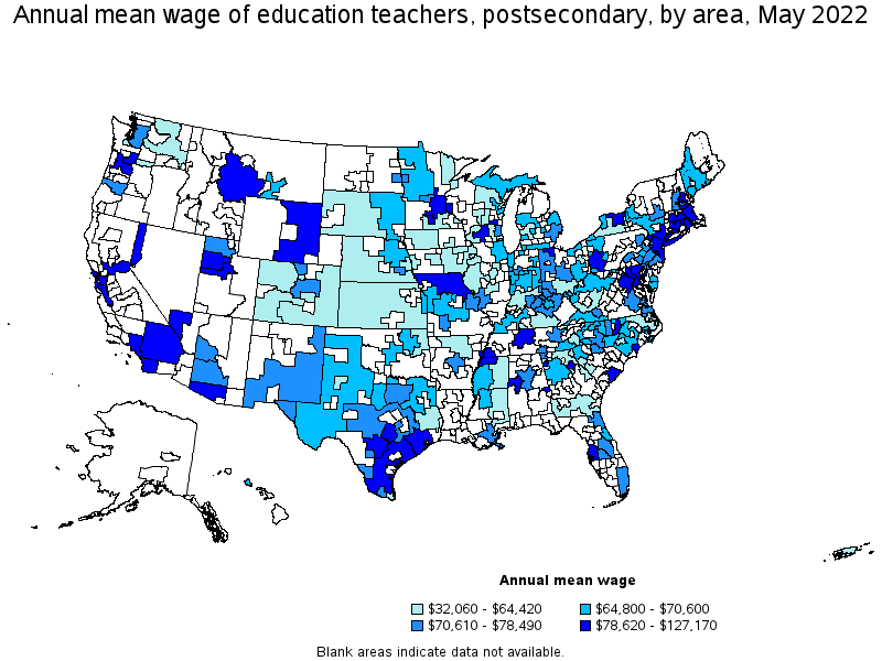 Map of annual mean wages of education teachers, postsecondary by area, May 2022