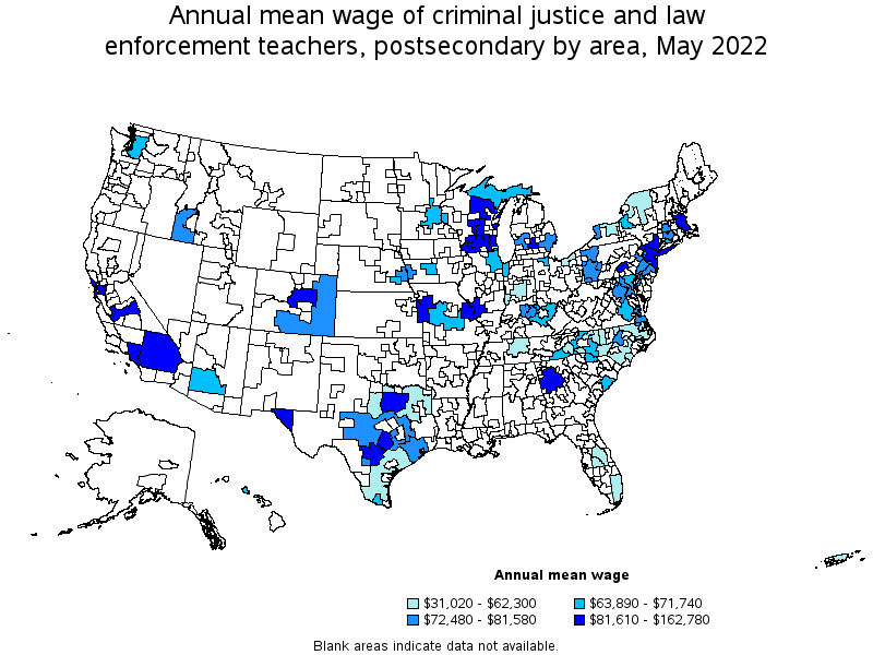 Map of annual mean wages of criminal justice and law enforcement teachers, postsecondary by area, May 2022